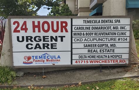 24 hour urgent care temecula - Temecula. 29738-B Rancho California Road Temecula, CA 92591 Phone:(951)303-6440 Fax:(951)303-6449 Hours: M-F 9am-7pm Weekends 9am-5pm Preregistration online. Better Health Care is Our Mission.